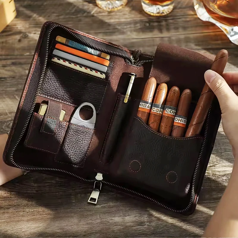 

The Vintage Leather Cigar Bag Is A Multi-Functional Clutch For Men Traveling. It Can Store Various Cigar Accessories