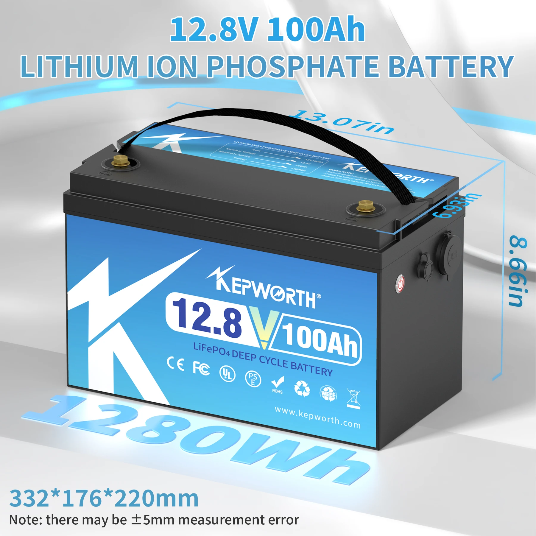 KEPWORTH New 12V 100Ah LiFePO4 Lithium Iron Phosphate Battery 1280Wh Lithium Iron For RV Campers Solar Golf Carts Marine