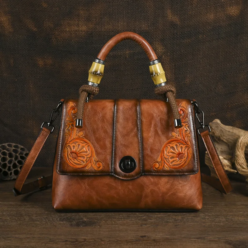 

Chinese Style Vintage Embossing Tote Bags Large Capacity Leather Shoulder Crossbody Bags For Travel Commuting Handbags