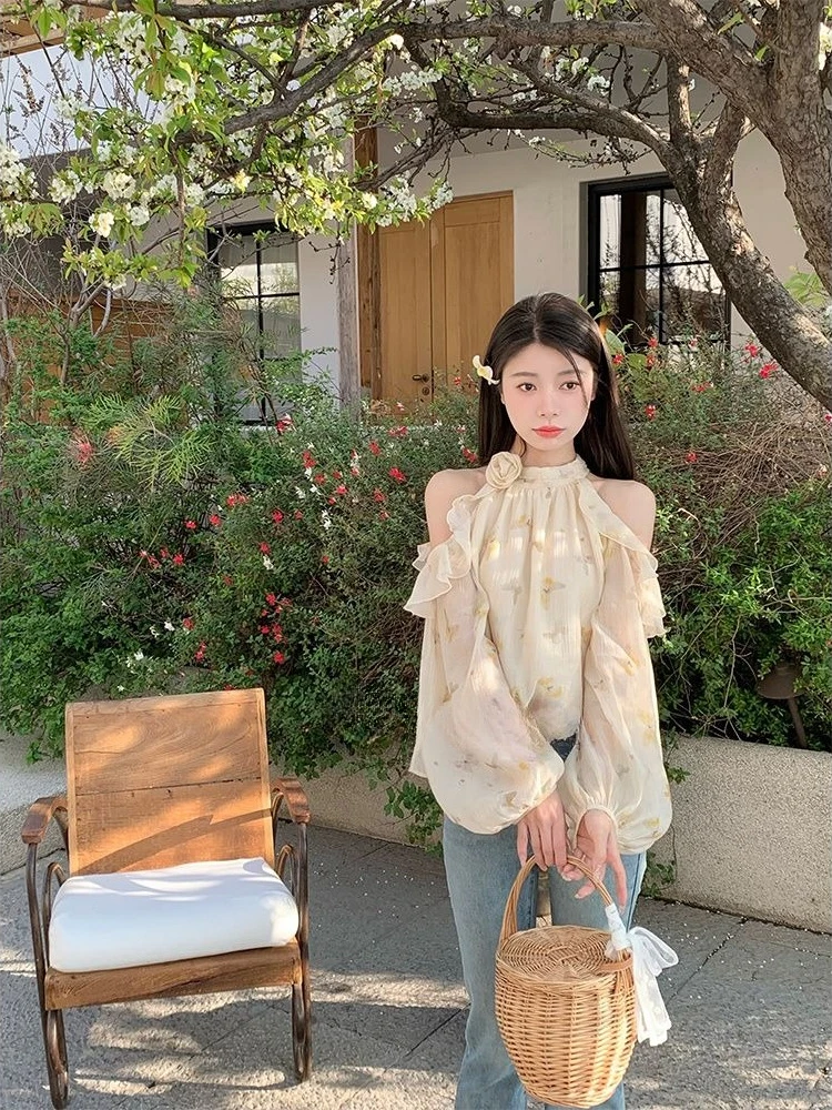 Women's 2026 Summer French 3D Flower Chiffon Long Sleeve Blouse Off Shoulder Ruffle Halter UV Protection Loose Elegant Chic Top 2