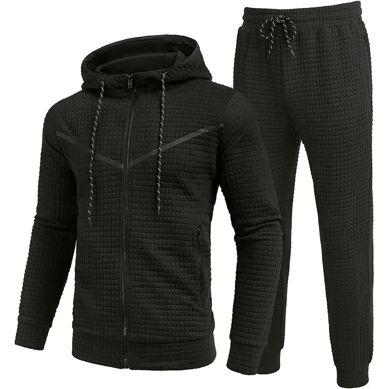 Fall Winter men\'s fashion trend Casual small check zipper hooded suit