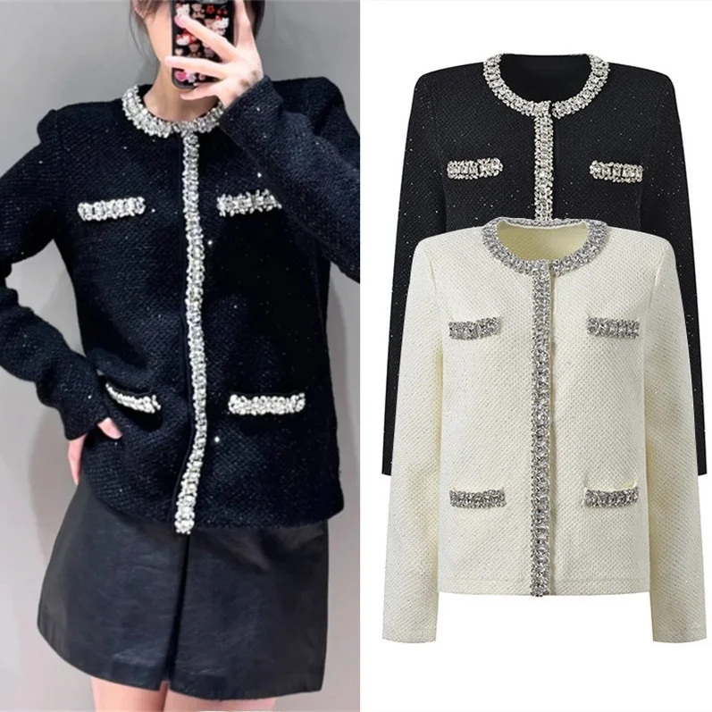 

Ele High-End Version Ivory Pearl Trim round Ne Sequin Knitted Cardigan Outerwear Spring Faion Ladies' Premium Knitwear