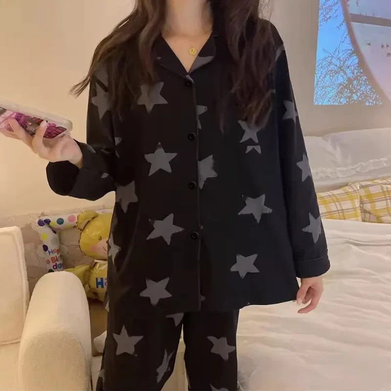 2024 Spring Autumn Women Pajama Sets Korean Thin Sleepwear Long-sleeved Trousers New Fashion Pijamas Star Print Homewear Clothes