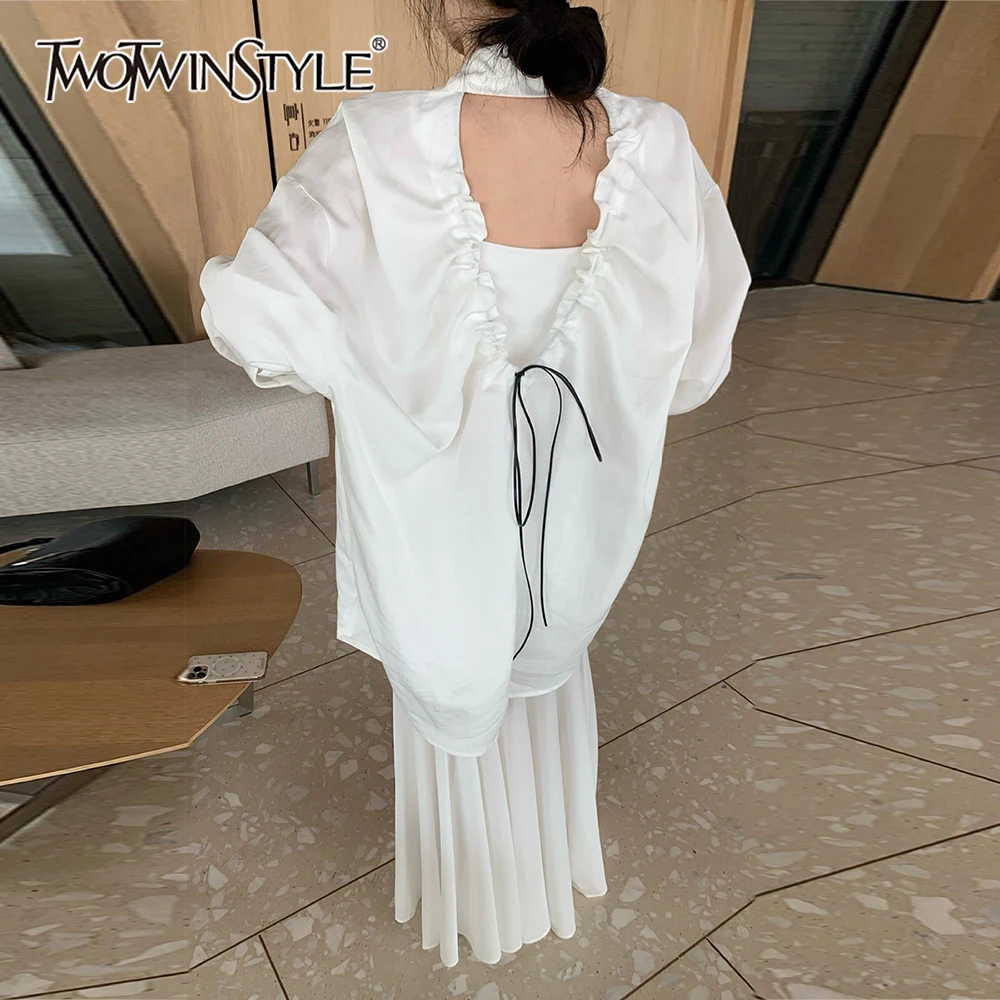 

TWOTWINSTYLE белая рубашка на шнурке, женская рубашка с круглым вырезом и длинным рукавом, свободные элегантные женские рубашки с открытой спиной, осенняя мода, новинка
