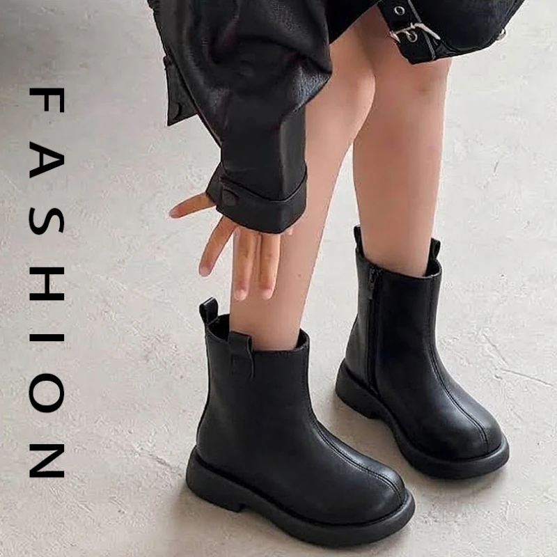 Chunky Leather Boots for Little Girls 2026 New Winter Back Zip Ankle Boots Non-slip Simple Classic School Christmas Party Boots
