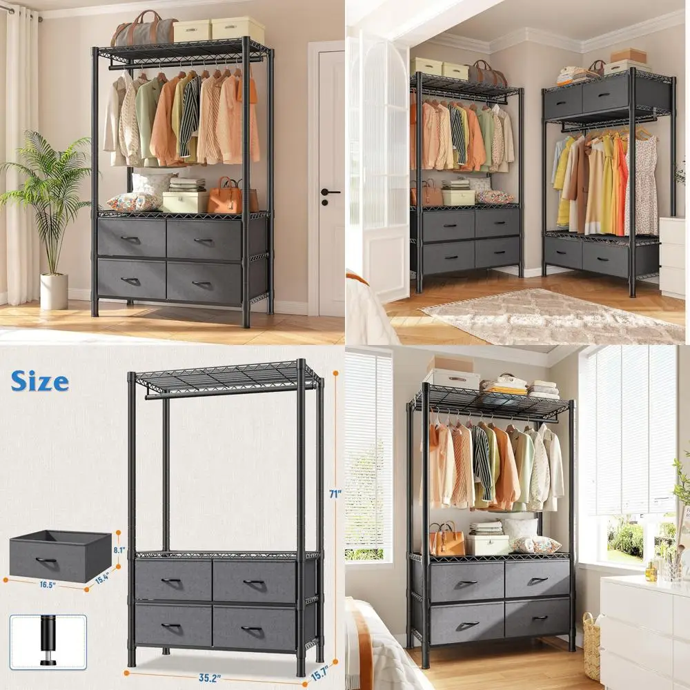 

Adjustable Heavy Duty Hanging Clothes Rack with 4 Drawers Freestanding Garment Storage Organizer for Extra Space