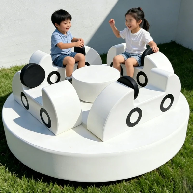 Cute Car Theme White Indoor/Outdoor Playground Equipment Children's Sensory Revolving Rides Soft Carousel