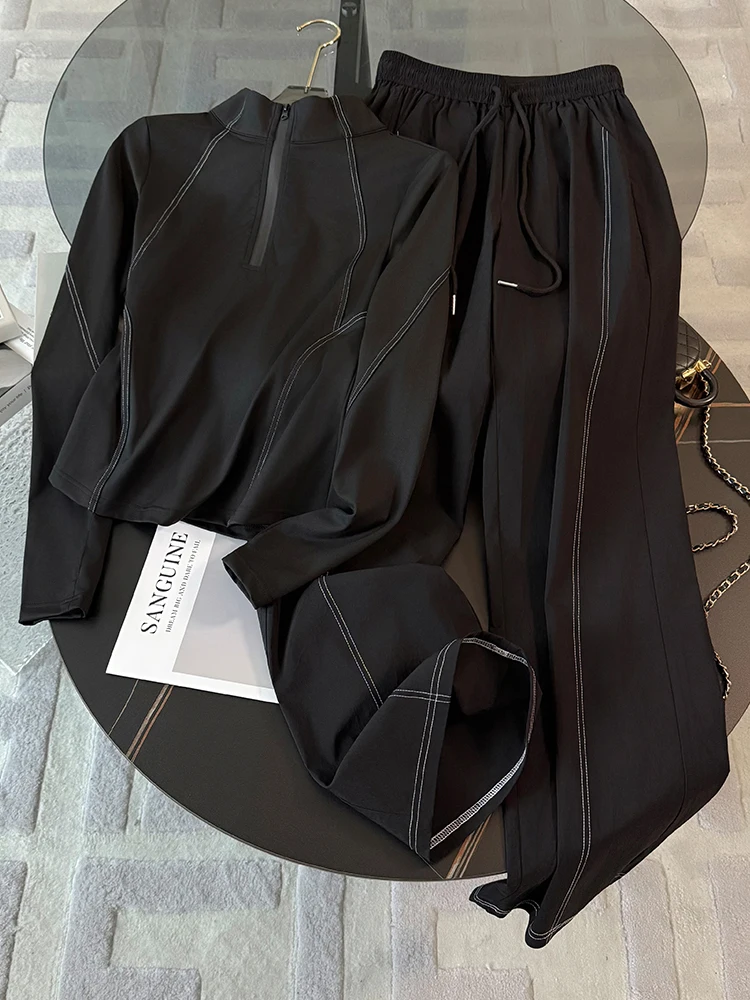 

Fall Fitness Casual Sportswear Set Women Slimming Black Long Sleeve Top Wide Leg Pants Two Piece Set Comfortable Breathable