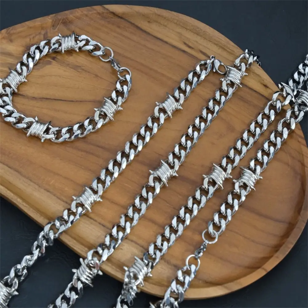 Titanium Steel Cuban Bracelet Neo-Gothic Chain Collar Barbed Wire Necklace Punk Style Silver Thorns Choker Necklace Jewelry Gift