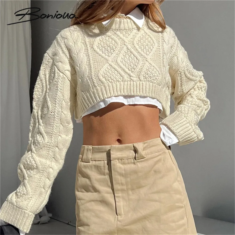 Boniouo Autumn Women Knitted Sweater Crop Tops Fashion Streetwear Y2K Sweaters Pullovers Vintage Cropped Top Female Outfits 2022