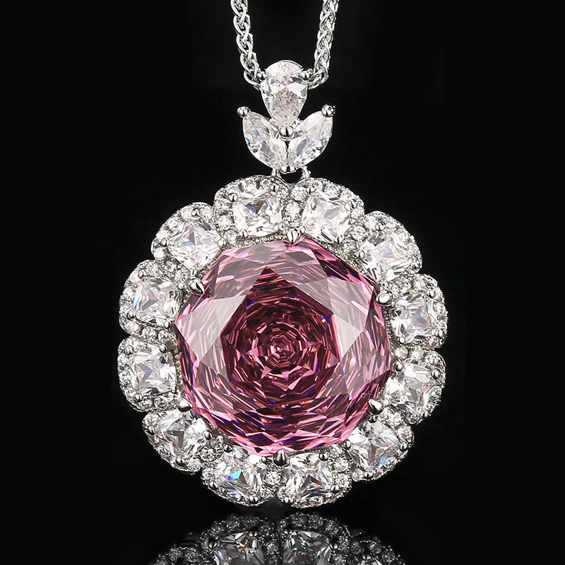 Rose Cut Pink CZ Jewelry Set Pendant Necklace Stud Earrings Halo Round Flower Cubic Zirconia Luxury Wedding Party Women Jewelry