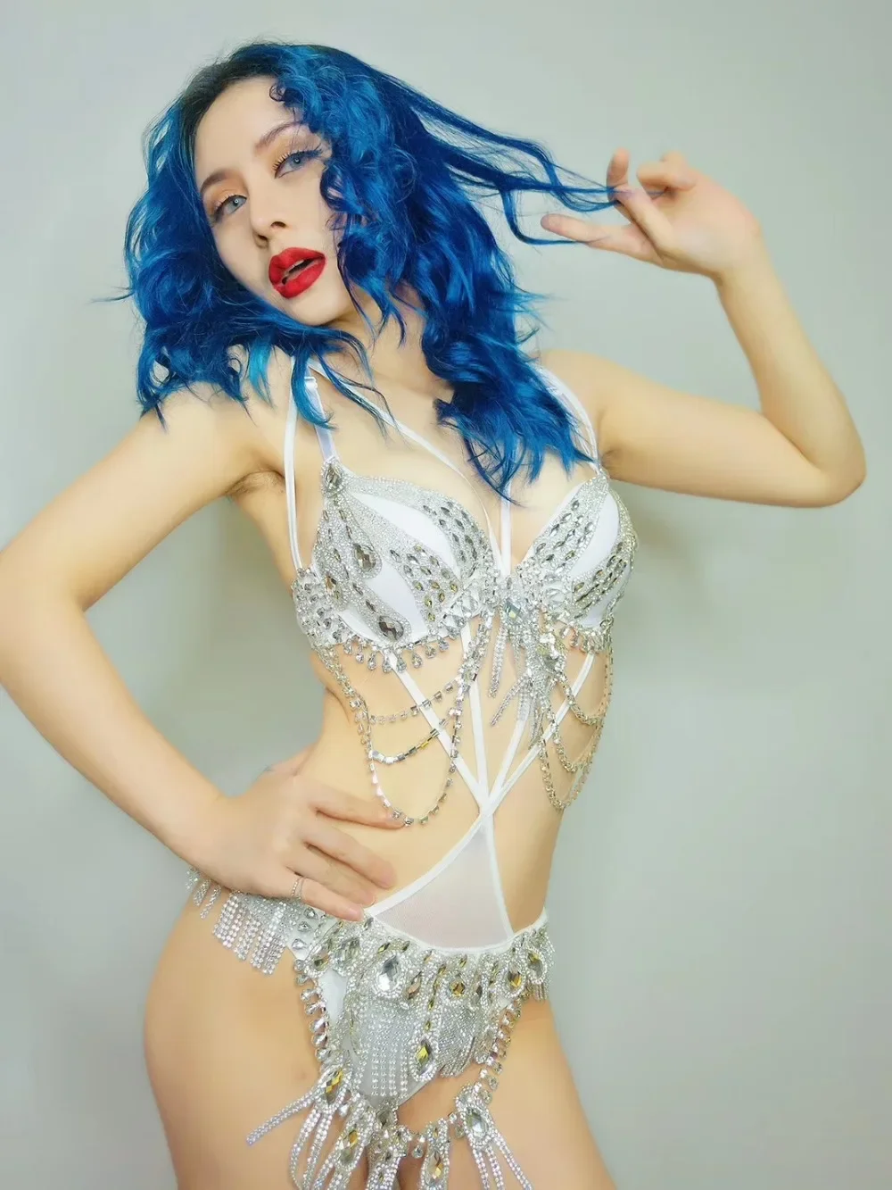 Silber Weiß Strass Bikini Sexy Party Kostüm Nachtclub DJ Sängerin Pole Dance Kostüme Bar Club Team Bühne Trägt