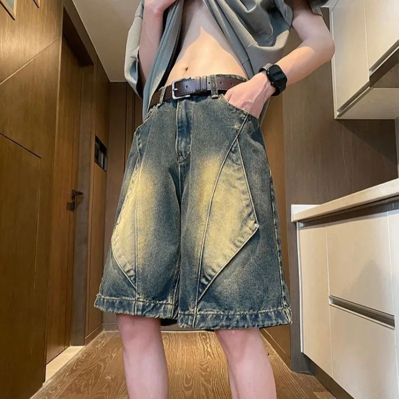 Celana Pendek Denim Setengah Pria Celana Jeans Pendek Pria Longgar Retro Hitam dengan Saku Jorts Xl Pakaian Jalanan Mewah Desainer Populer Tipis