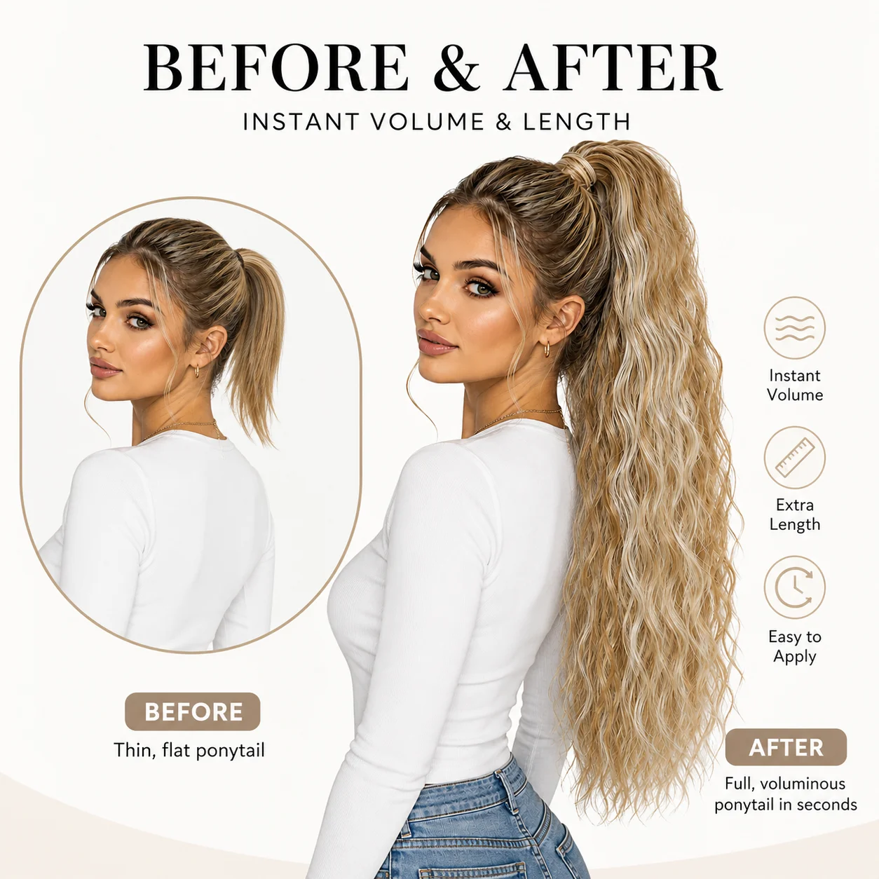 Synthetic Water Wave Claw Clip Ponytail Black Blonde Heat Resistant Fiber Fluffy Messy Ponytail Hair Extensions For Women