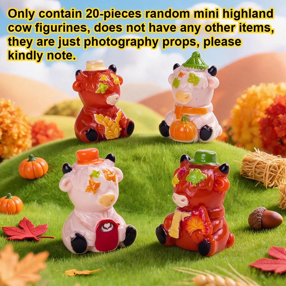 20 Pieces Mini Highland Cow Resin Figurines Cute Desk Decoration for Dollhouse Micro Landscape Ornament DIY Craft Decors