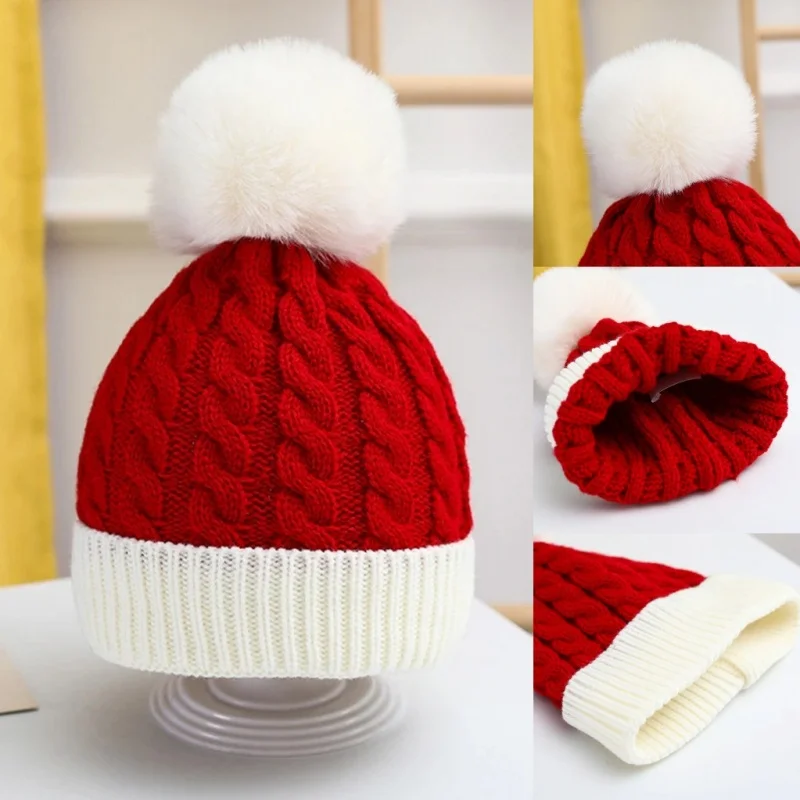 Dorosłe dzieci Świąteczna czapka z wełny Santa Winter Warm Crochet Beanies Skullcap Women Pompom Cap Bonnet New Year Party Xmas Gift 2 Size