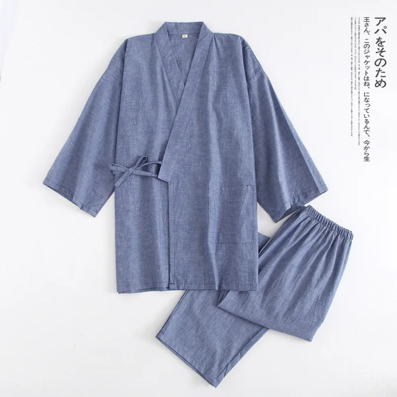 New Water-washed Cotton Thin Pure Color Pajama Set V-Neck Spring Sleepwear Men and Women Japanese Lovers Kimono Home Clothes