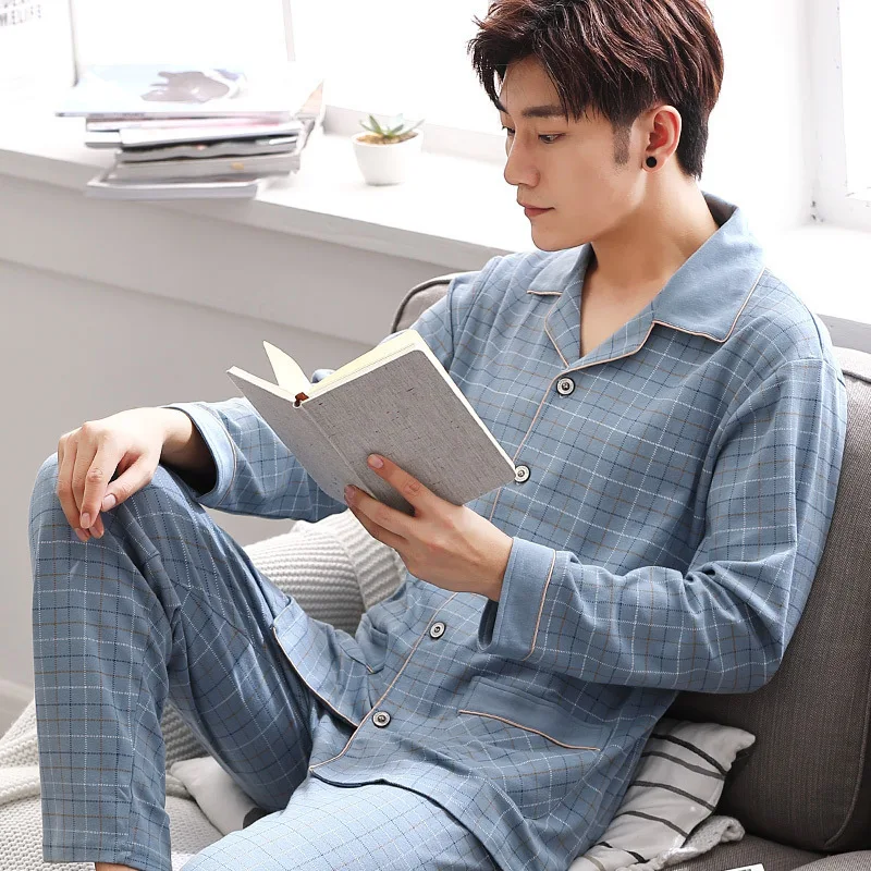 Pajamas Men's Spring and Fall Winter 100% Cotton Long-Sleeved Large Size Leisure Sleepwear Homewear Plaid Nightwear Loungewear