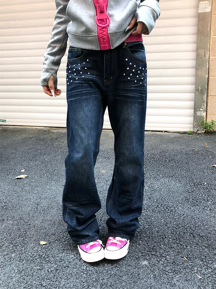 Retro Large Size Rhinestone Micro Flared Jeans Women's Sexy Straight Leg Casual Versatile Long Pants Korean Style Washed Denim