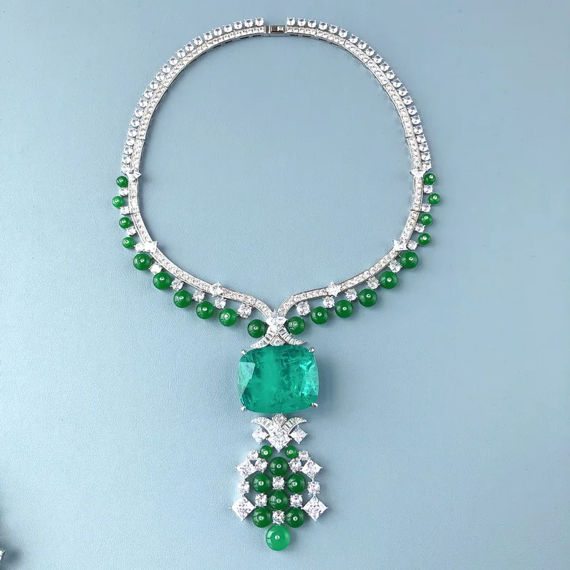 

Europe America Luxurious Style Women Lady Settings Czech Zircon Green Stone Silver Color Evening Party Choker Necklace