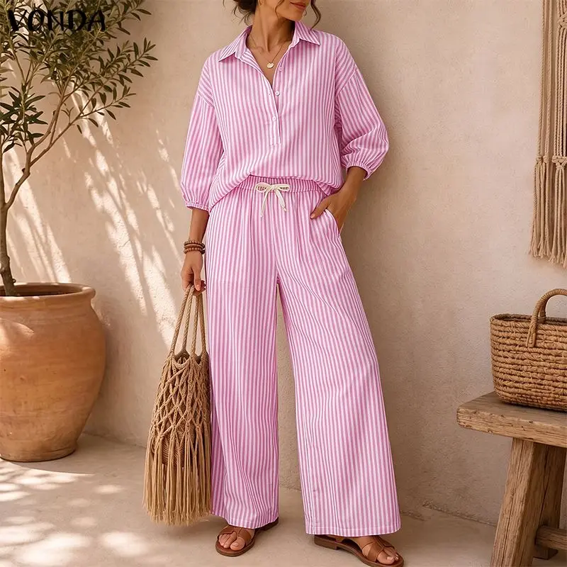 VONDA Women Two Piece Outfit Striped 3/4 Lantern Sleev Lapel V-Neck Blouse Wide Leg Pant Sets Casual Summer Vacation Suits