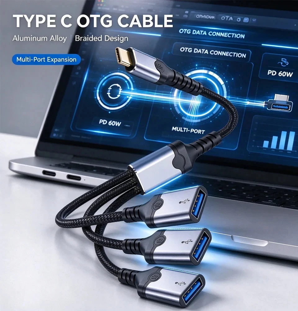 1 Male To 2 3 Female Socket Type-C OTG Extension Line Y Splitter Plug Data Charging Cable Converter Y Cable Splitter
