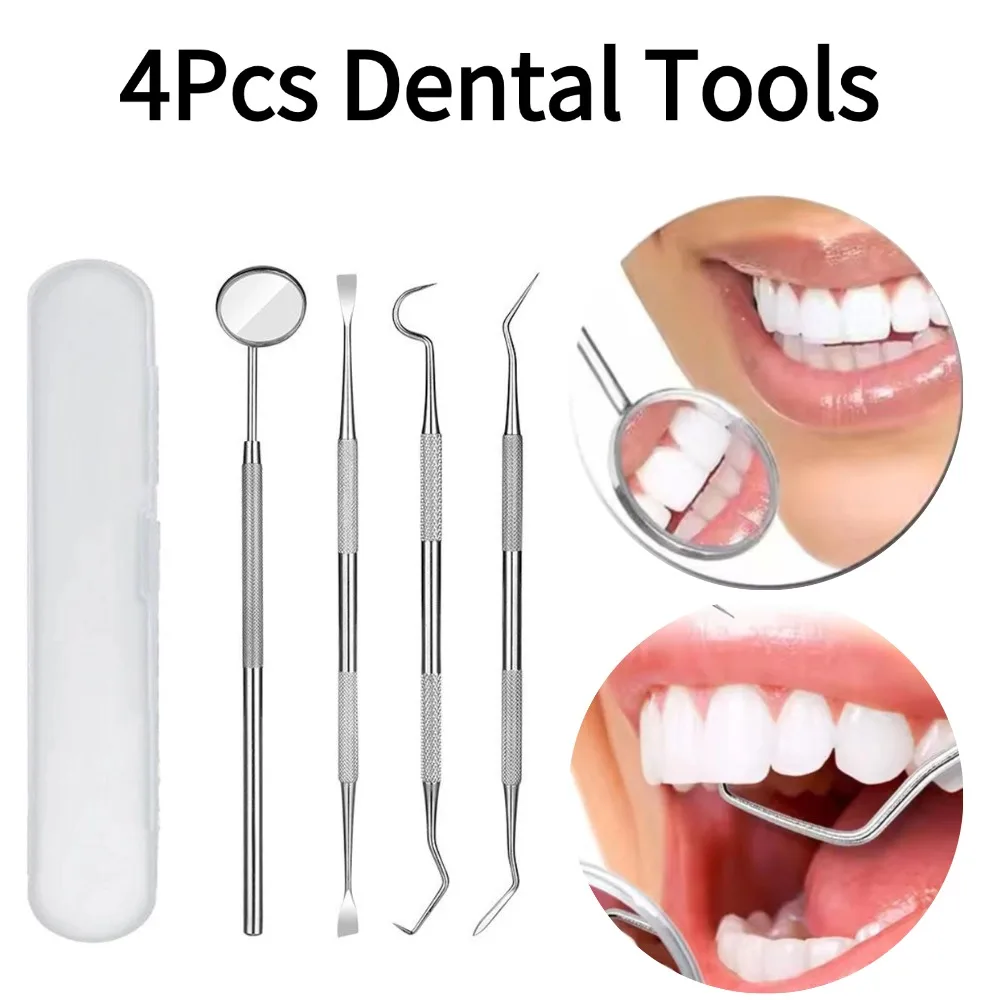 4PCS Oral Care Tool Kit Stainless Steel Teeth Cleaning Mouth Mirror Scraper Tweezer Tartar Plaque Remover with Case Set