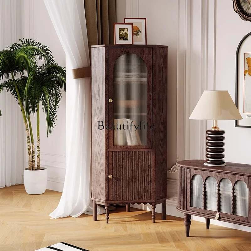 

American retro pure solid wood living room corner cabinet French simple storage corner cabinet rack against the wall