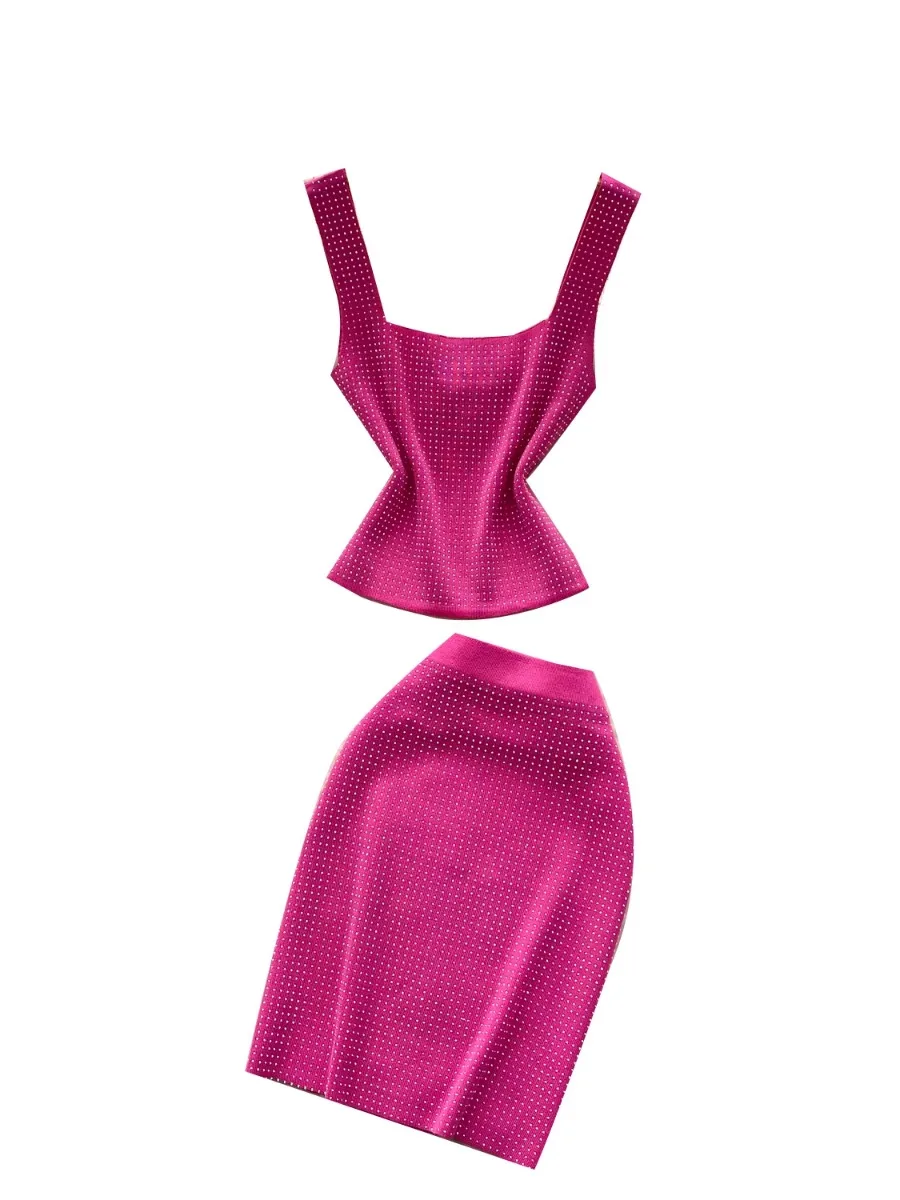 Mode Fuchsia Strass Stricken Zwei-Stück Set Frauen Square Neck Crop Top Bodycon Rock Party Date Schlank Outfit