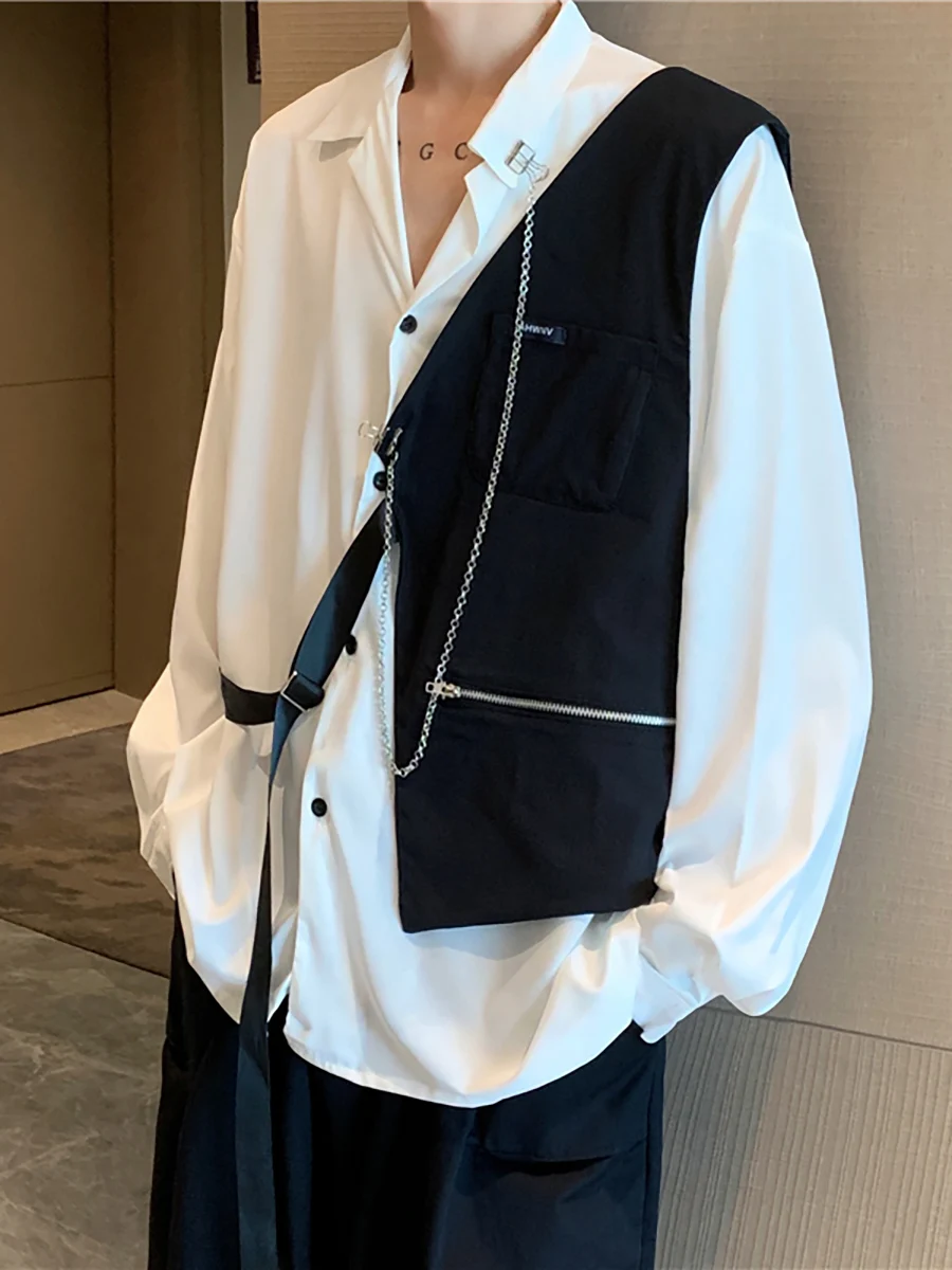 2025 Spring and Autumn New Men's High-End Design Vest Patchwork White and Black Thin Long-Sleeve Necklace Casual Shirt