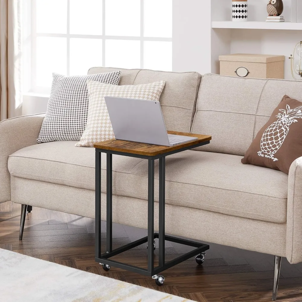 End Table, C Shaped TV Tray with Metal Frame Rolling Casters, Industrial Side Table for Living Room Bedroom