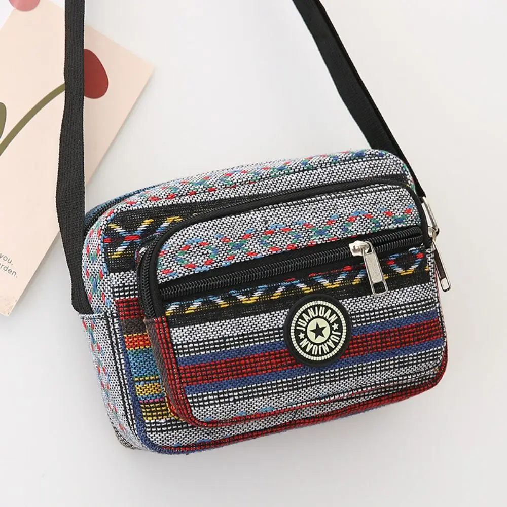Women Multi Layered Stripe Print Shoulder Bag Casual Classic Vintage Tote Bag Girls Nylon Single Shoulder Backpack