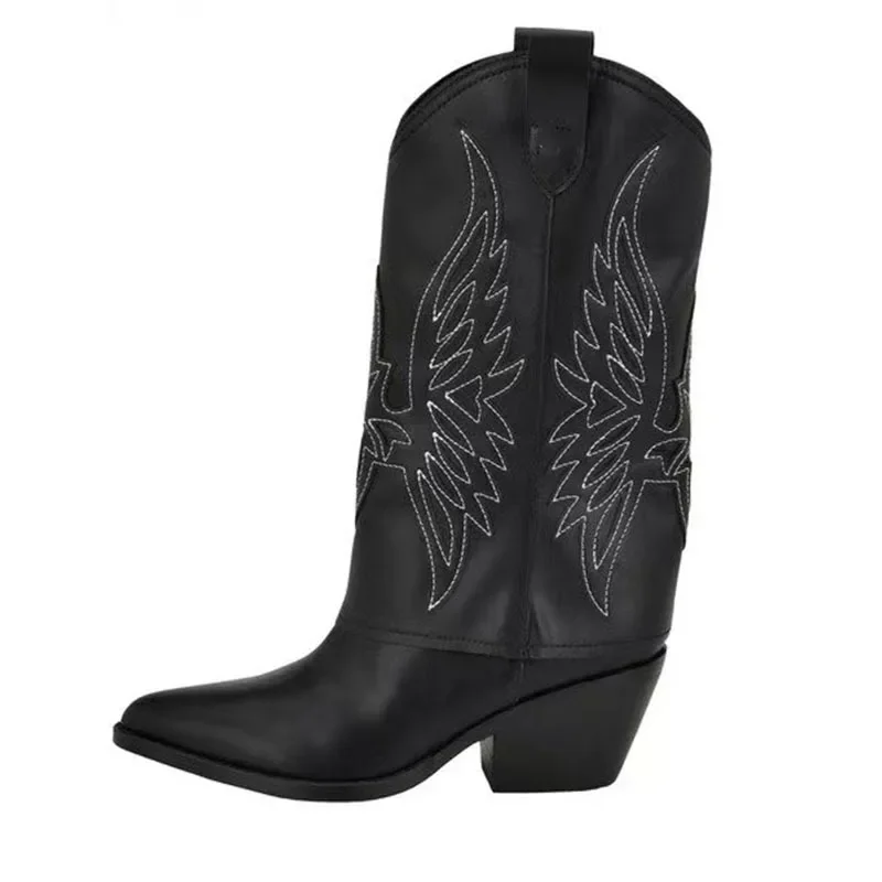 

Embroidered Pointed Toe Cowboy Boots Fashionable Retro Knight Botines Thick-Heeled Mid-High Botas Femininas Women Shoes