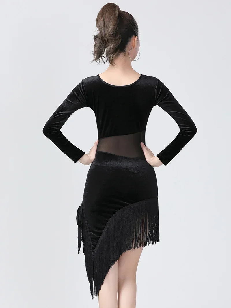 เครื่องแต่งกายหญิงผู้ใหญ่เกาหลีกํามะหยี่พู่ Dancewear STAGE Performance เซ็กซี่ตาข่าย Splice ชุดเครื่องแต่งกายผู้หญิงเต้นรําละติน