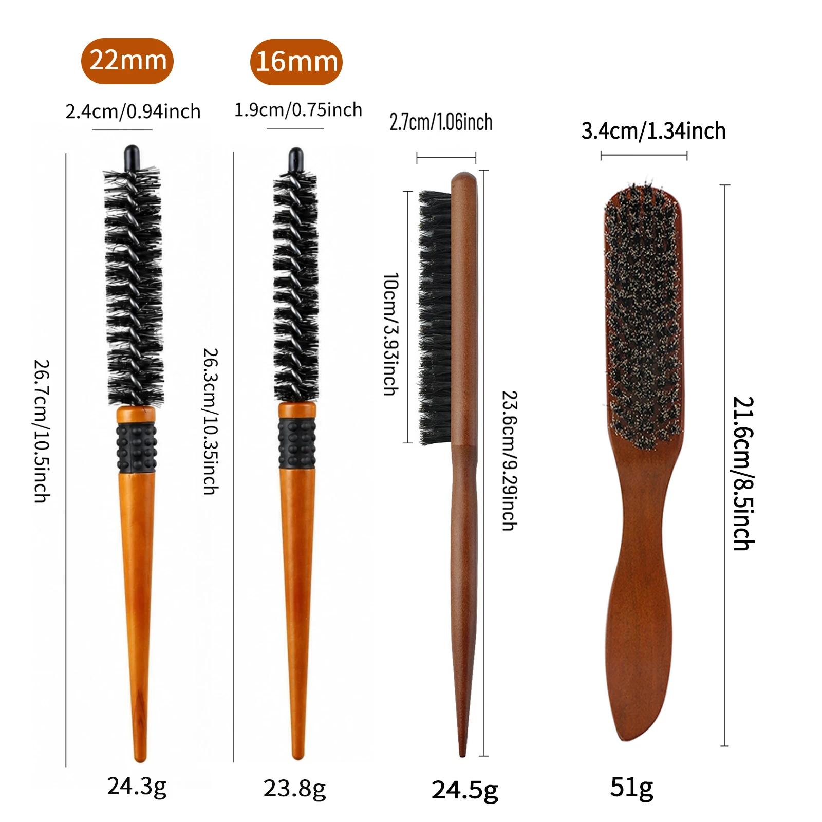 3-teiliges Friseur-Bürsten-Set: Holz-Toupetkamm, Bürste mit Borsten zum Entwirren, Mini-Twist-Rundbürste für Lockenstyling – Detail 4