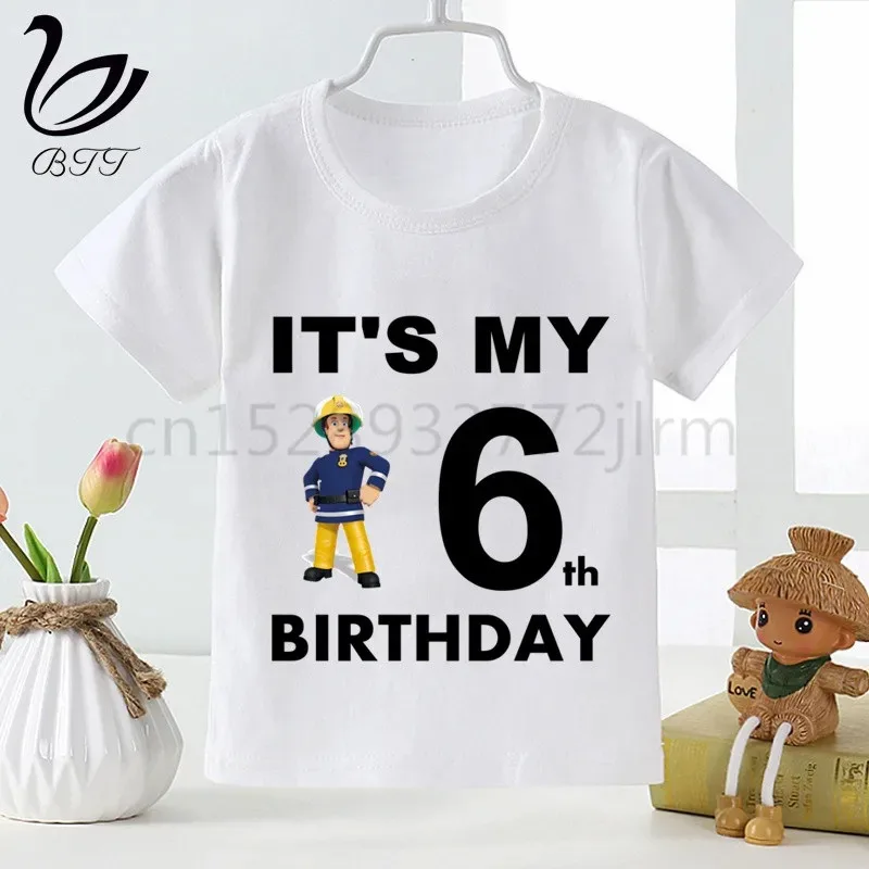 Birthday Tee Fireman Sam New Kids Girls Boys Casual Tshirt Printed Children Clothes Tops Kids Baby Short Sleeve White T-shirt