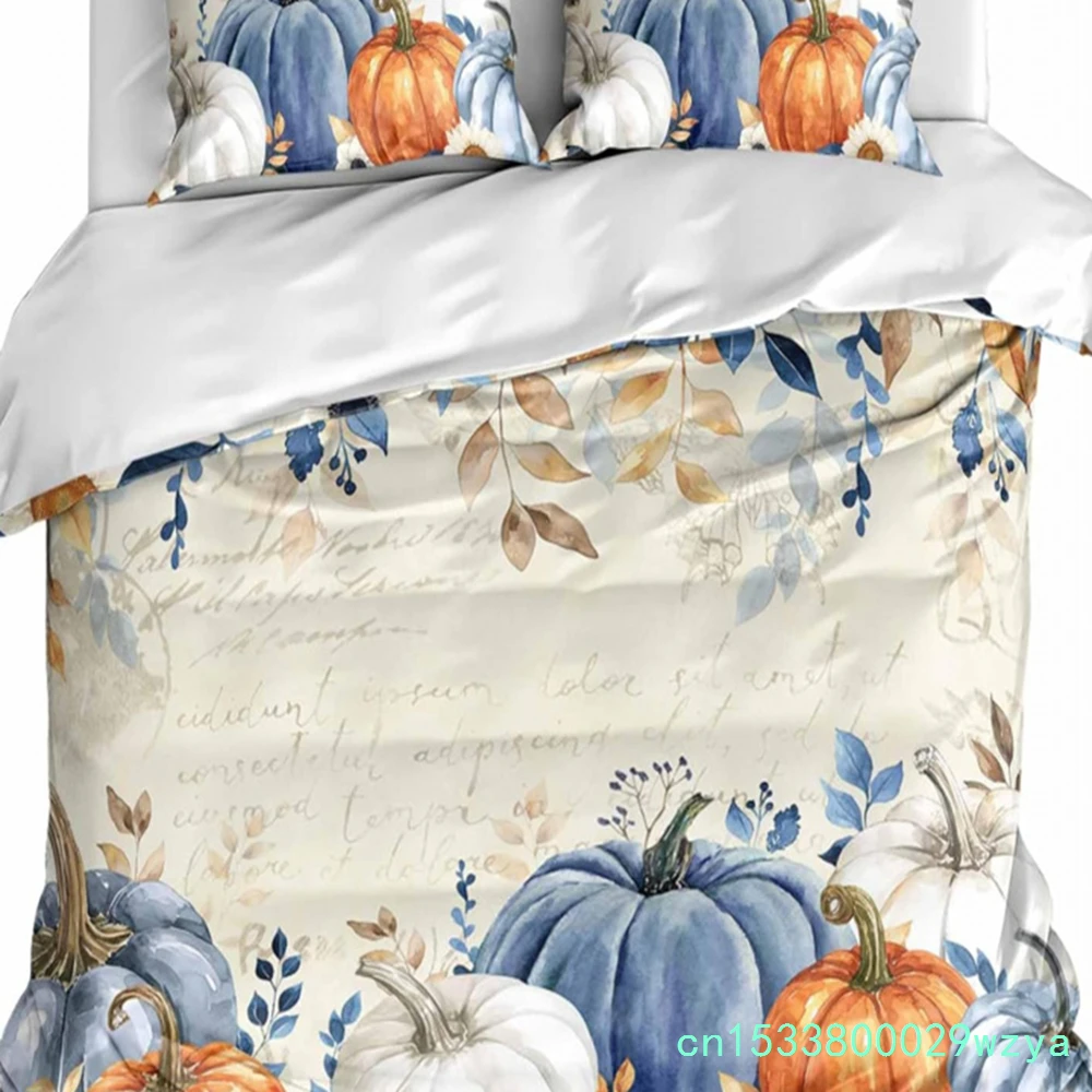 Fall Blue Pumpkins Duvet Cover Set 3 Pieces, Thanksgiving Orange Gray Botanical Rustic Bedding Sets