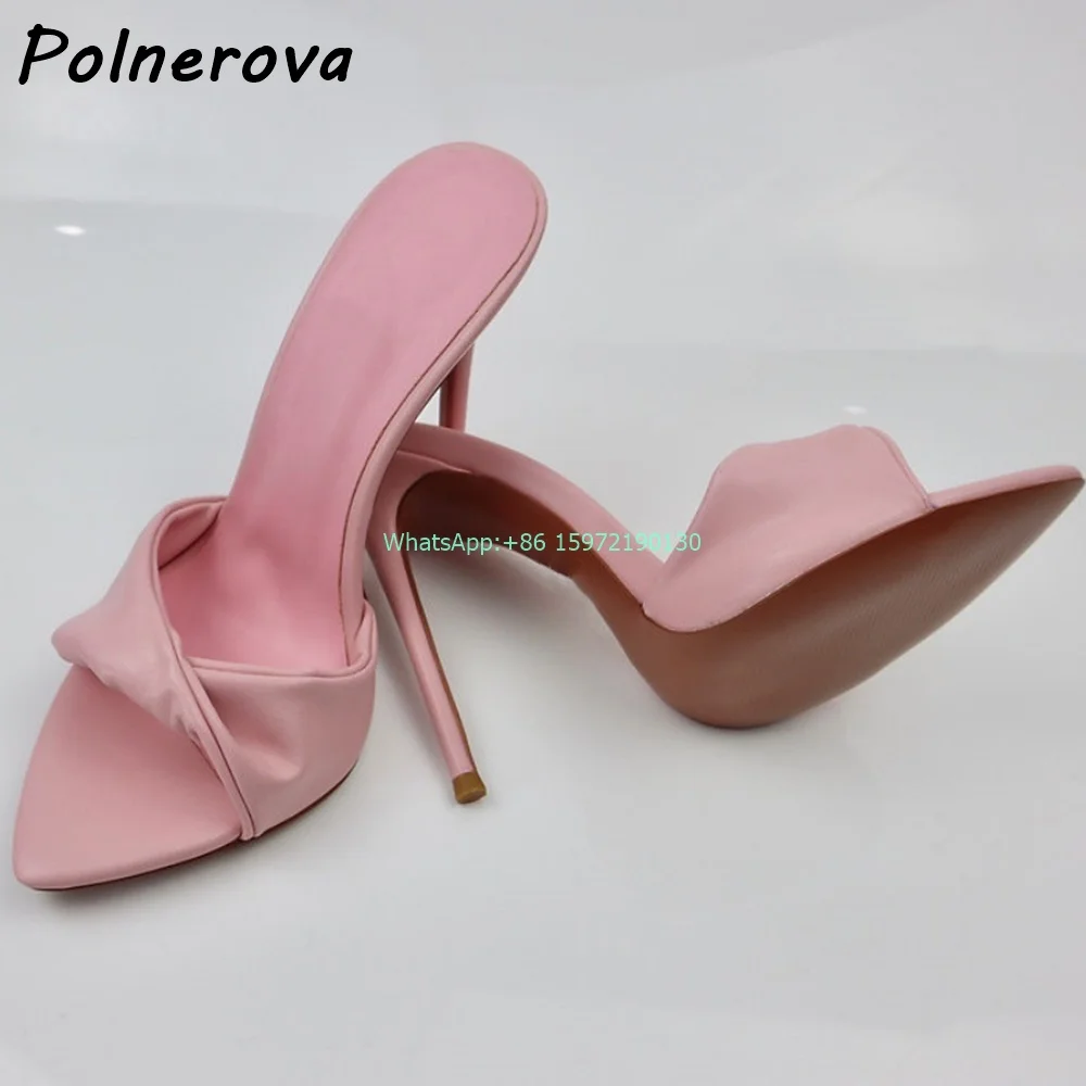 Plisowane Solidne Różowe Kapcie Szpiczaste Toe Cienkie Obcasy Slip On Slingback Sandały Damskie Eleganckie Zwięzłe Seksowne Szpilki Wybiegowe