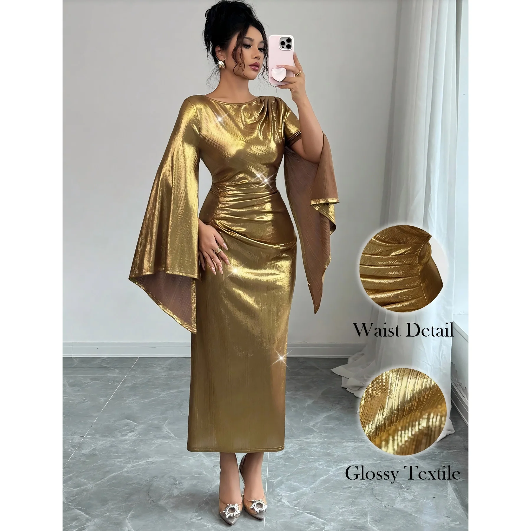 Vestido plisado metálico vestidos de noche para discoteca 2025 mujeres otoño Sexy ceñido al cuerpo Maxi vestidos de fiesta elegante vestido de fiesta de noche