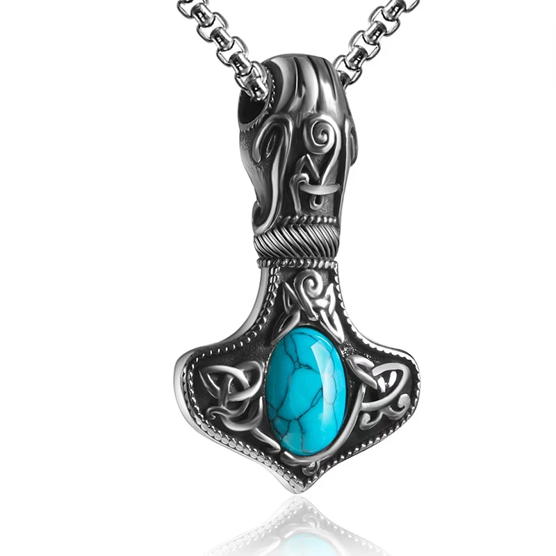 Keisha Lena 2023 New Fashion Turquois Viking Men Pendant Necklace Punk Vintage Stainless Steel Chain Necklace For Men Jewelry