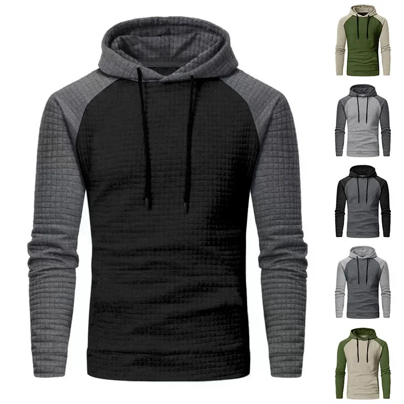 European and American Men's Long - Sleeved Hooded Sweatshirts in A Patchwork of Small Checkered Patterns for Leisure Wear.