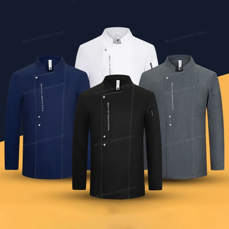 

grey Chef uniform Long Sleeve chef jacket Chef T-shirt Baker Work Uniform Waiter Restaurant Hotel Cook Coat Clothes women Logo