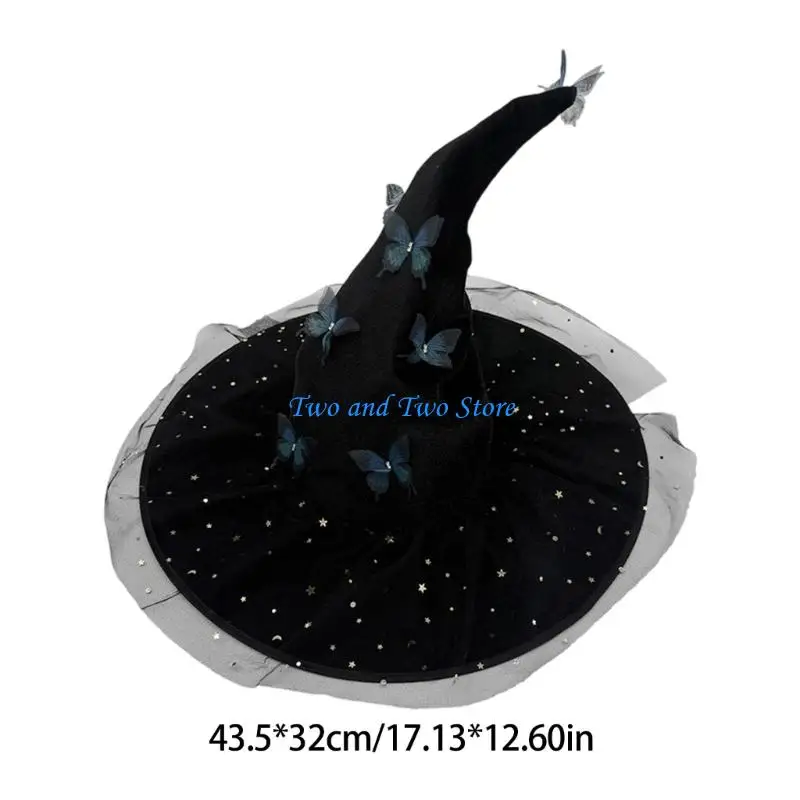 HX6F قبعة الساحرة للهالوين تصميم قرن مطوي مع فراشة مطرزة للبالغين زي أسود أرجواني أزرق