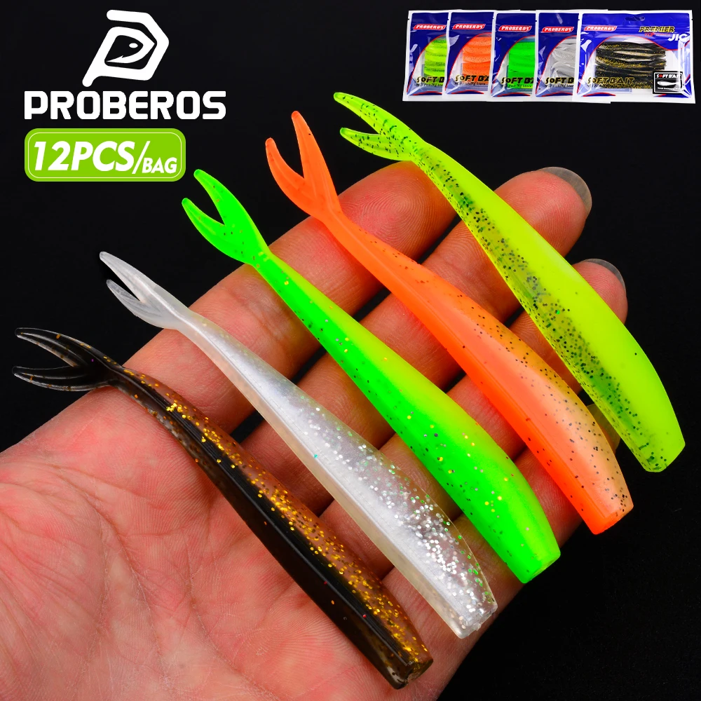 Proberos 12 Stück/Beutel Schwimmender Weichköder Angelköder 10cm V-Form Split-Tail Swimbait 3,4g Wurm Salzwasser Bass Angelköder