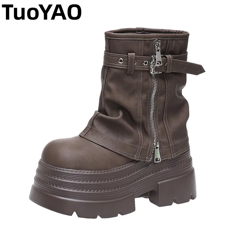 

10CM Autumn Winter Women's Gladiator Boots Chunky Heels Leather Punk Shoes Buckle Motorcycle Boots Goth Chelsea Mujer Zapatos