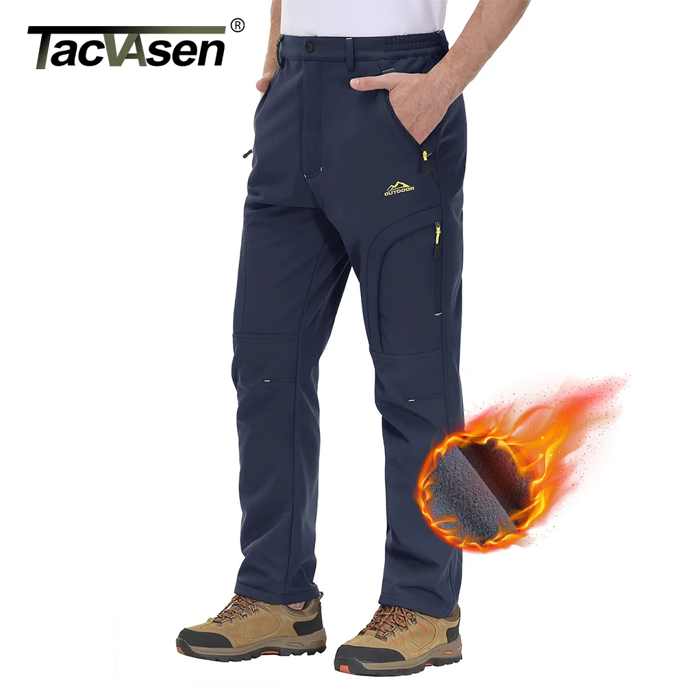 TACVASEN Winter Men's Hiking Pants Fleece Lining Warm Windproof Soft-shell Waterproof Snow Ski Multiple Zip-pockets Work Pants