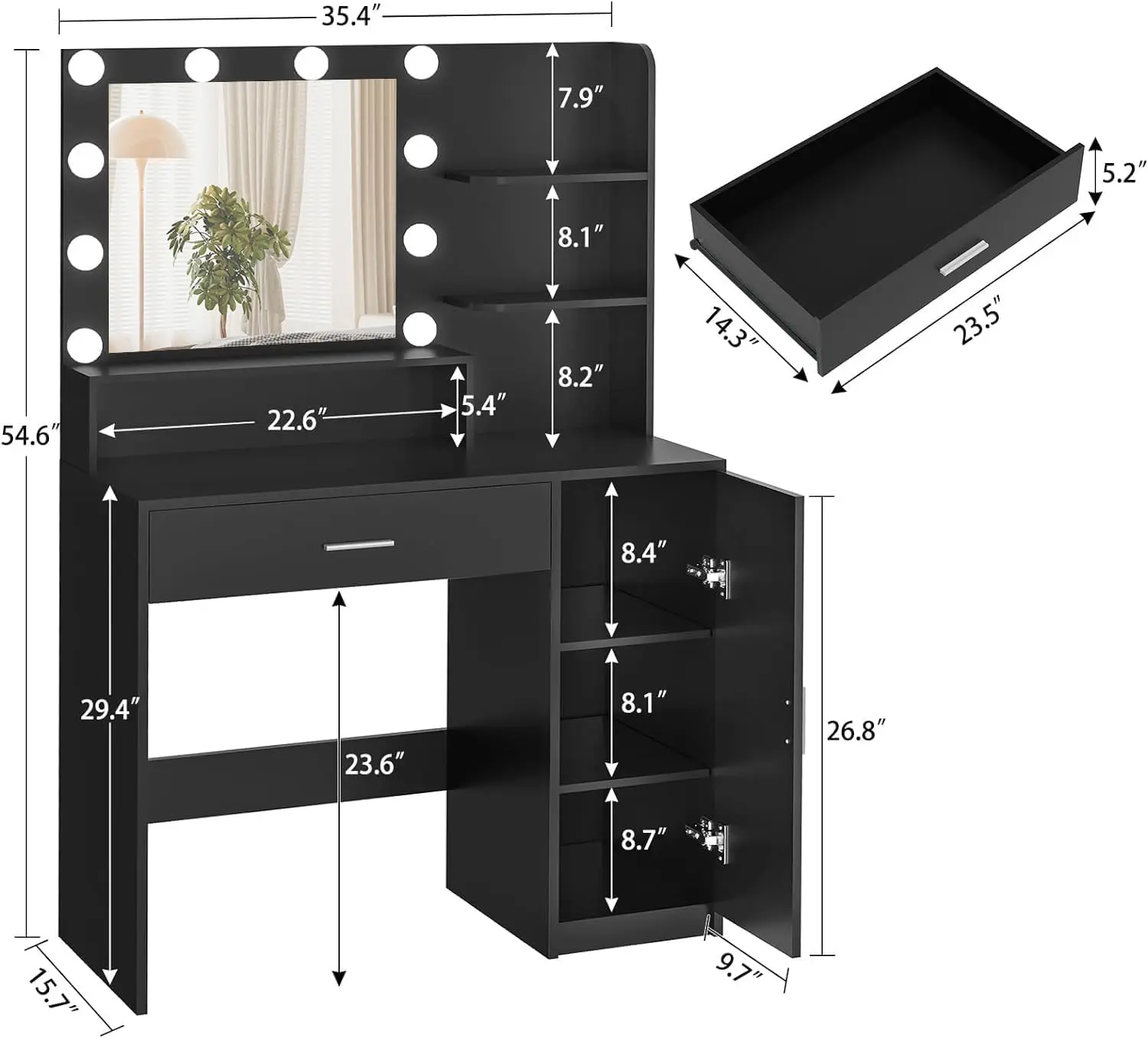 Makeup Vanity Desk with Mirror and Lights, Vanity Desk with Large Drawer & Shelves & Cabinet, 3 Color Mode, Black