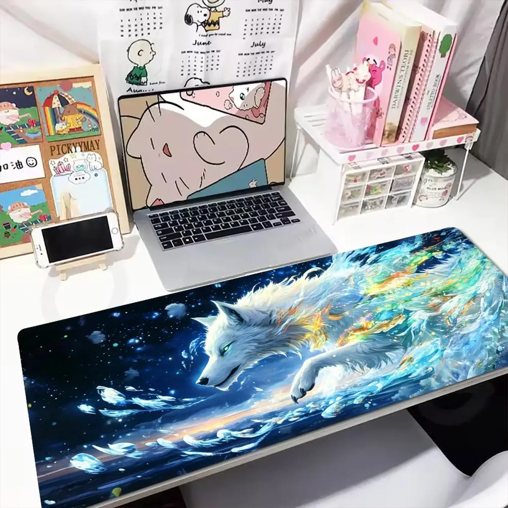 Mystic White Wolf XXL Gaming Mouse Pad Golden Ornament Starry Galaxy Fantasy Animal Desk Mat Non-Slip Rubber Keyboard Mouse Mats
