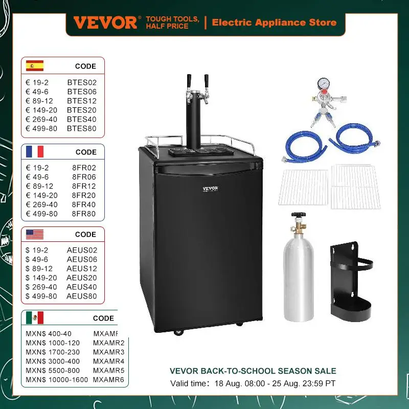 Vevor ตู้แช่เบียร์สแตนเลส152L ตู้ทำเบียร์สดเครื่องควบคุมก๊อกน้ำแบบปรับได้ถังตู้เย็นสองก๊อกสำหรับบ้าน