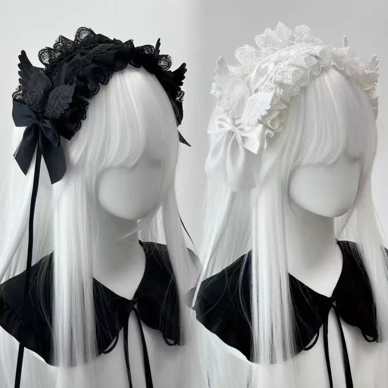 Gothic Angel Wings Maid Bonnet hairband Lolita Girl Cosplay Costume Accessories Retro Adjustable Ruffles Solid headwear Women